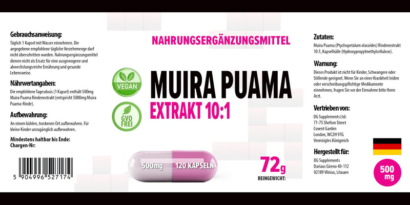 [Australia] - Hepatica Muira Puama Bark Extract 5000mg Equivalent (500mg of 10:1 Extract) 120 Vegan Capsules, 3rd Party lab Tested, High Strength Supplement, Gluten and GMO Free 