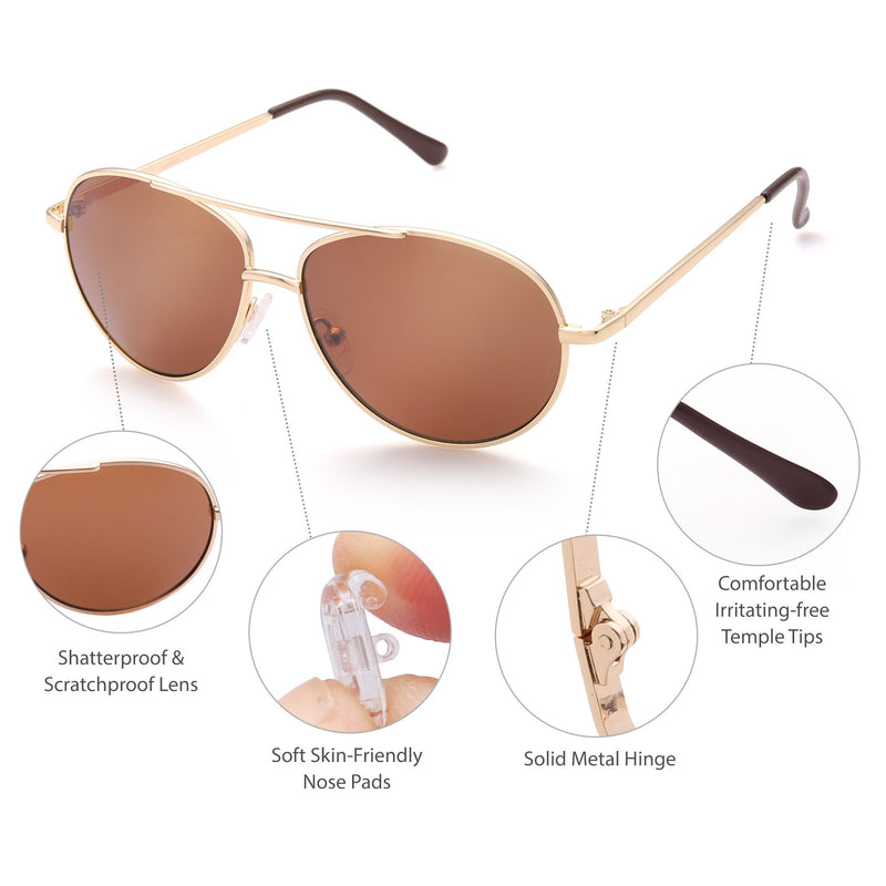 [Australia] - Aviator Sunglasses for Kids Girls Boys Children, Small Face Eyewear for Age 3-12, UV Protection, with Case, Lightweight Gold Frame Brown Lens 50 Millimeters 