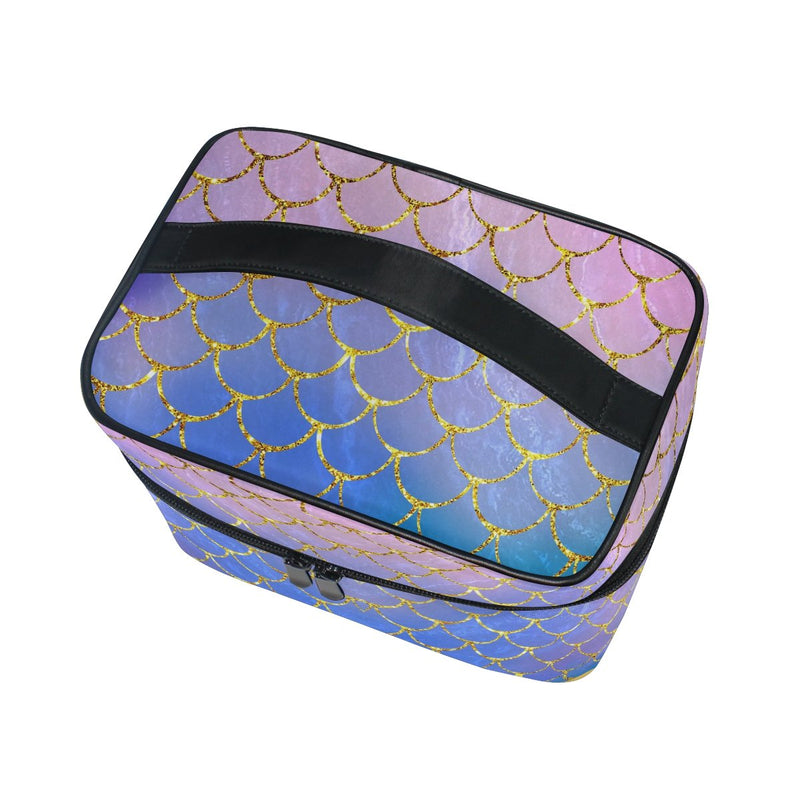 [Australia] - ZOEO Makeup Train Case Purple Mermaid Scales Marble Fish Light Summer Gold Korean Carrying Portable Zip Travel Cosmetic Brush Bag Organizer Large White Elephant Gift for Girls Women Style 1 