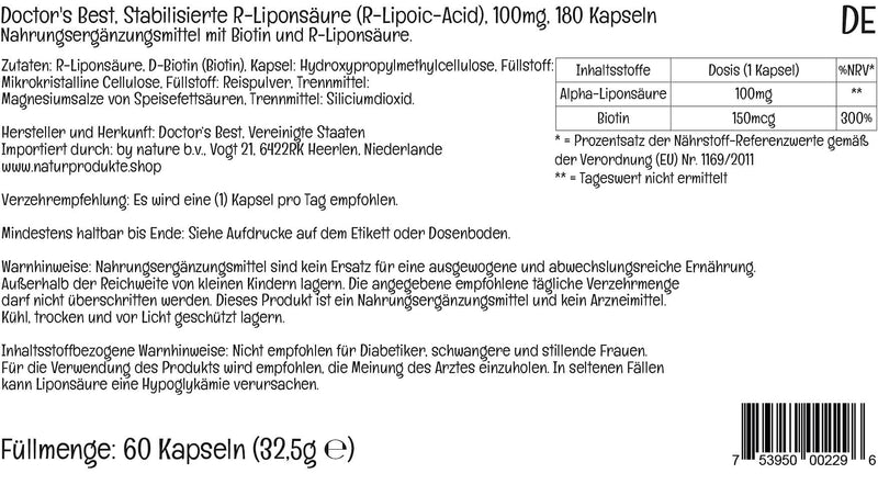 [Australia] - Doctor's Best Stabilized R-Lipoic Acid with BioEnhanced Na-RALA, Non-GMO, Gluten Free, Vegan, Helps Maintain Blood Sugar Levels, 100 mg, 180 Count 