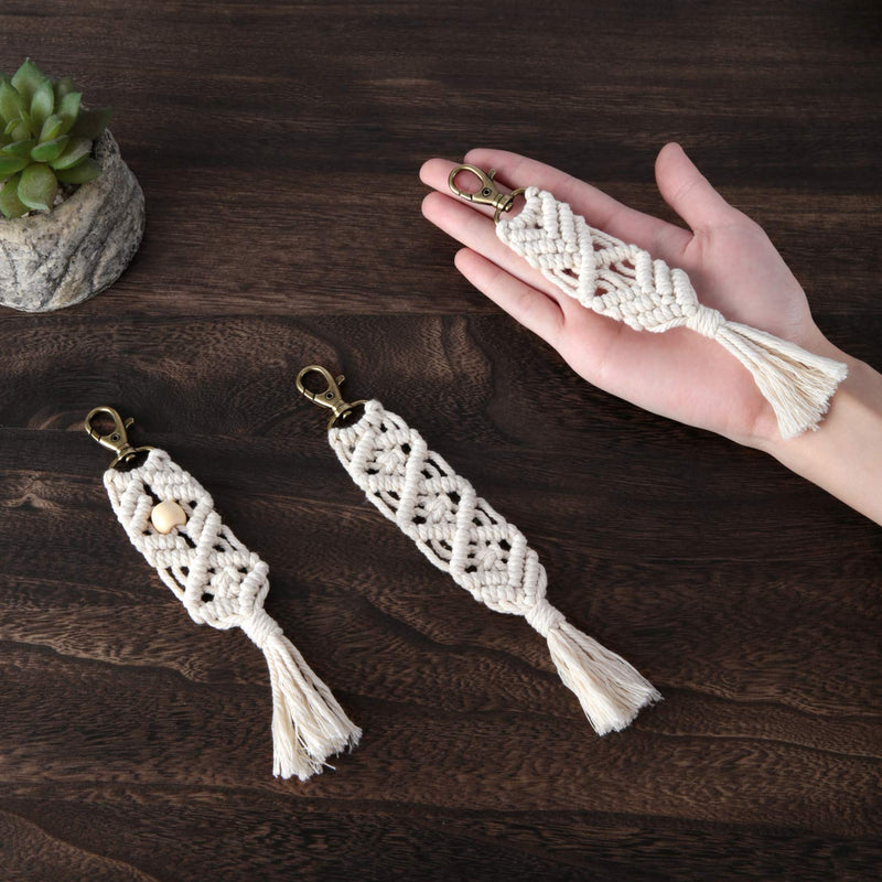 [Australia] - Mkono Mini Macrame Keychains Boho Macrame Bag Charms with Tassels Cute Handcrafted Accessories for Car Key Purse Phone Wallet Unique Gift Party Supplies, Natural White, 3 Pack 