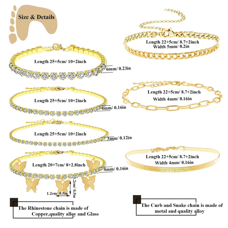 [Australia] - RechicGu 9 Pieces Ankle Bracelets Butterfly Rhinestone Tennis Anklets Charm Cuff Bangle Foot Jewelry Chain Adjustable Boho Summer Beach Anklet for Women Girl Gold 