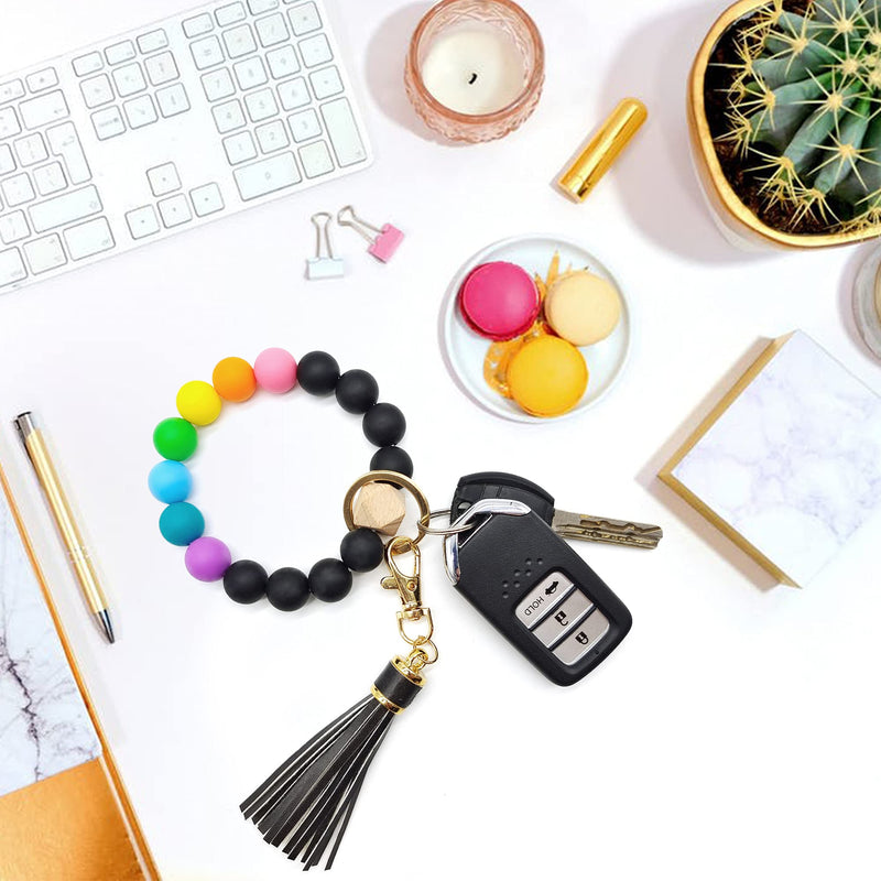 [Australia] - Silicone Keychain Bracelet for Women Beaded Keyring Wristlet House Car Keys Ring Holder with Gift Box A - Rainbow 