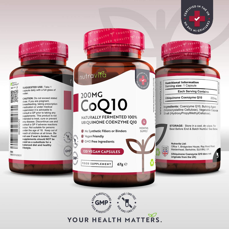 [Australia] - CoQ10 200mg - 120 Vegan Capsules of High Strength Co Enzyme Q10 (4 Months Supply) - 100% Pure and Naturally Fermented Ubiquinone Coenzyme - No Synthetic Additives - Made in The UK by Nutravita 120 Count (Pack of 1) 