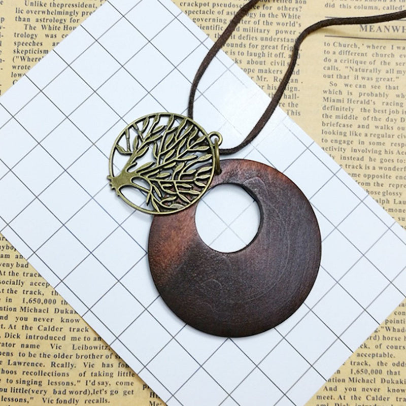[Australia] - HUNO Tree of Life Pendant Necklace Long Leather Chain Statement Wooden Necklace for Women Girls Vintage Wood Jewelry 