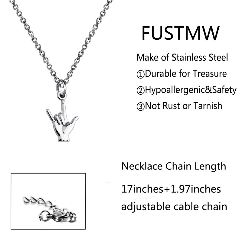 [Australia] - FUSTMW ASL Necklace I Love You Hand Sign Language Charm Pendant Necklace Sign Language Jewelry Interpreter Gift ASL Jewelry Gift for Deaf silver 