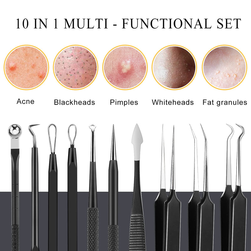 [Australia] - Boxoyx Pimple Popper Tool Kit - 10Pcs Blackhead Remover Comedone Extractor Tool Kit with Metal Case for Quick and Easy Removal of Pimples, Blackheads, Zit Removing, Forehead, Facial and Nose(Black) 