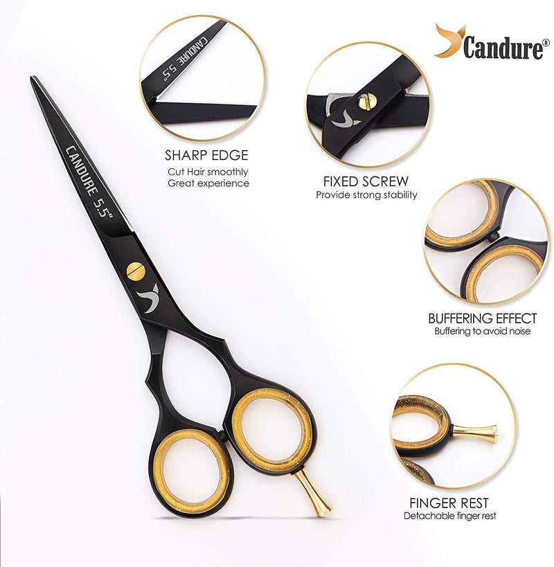 [Australia] - Candure Hairdressing Cutting Scissors Barber and Thinning Salon Shears Set 5.5 inch Deep Black 5.5" 