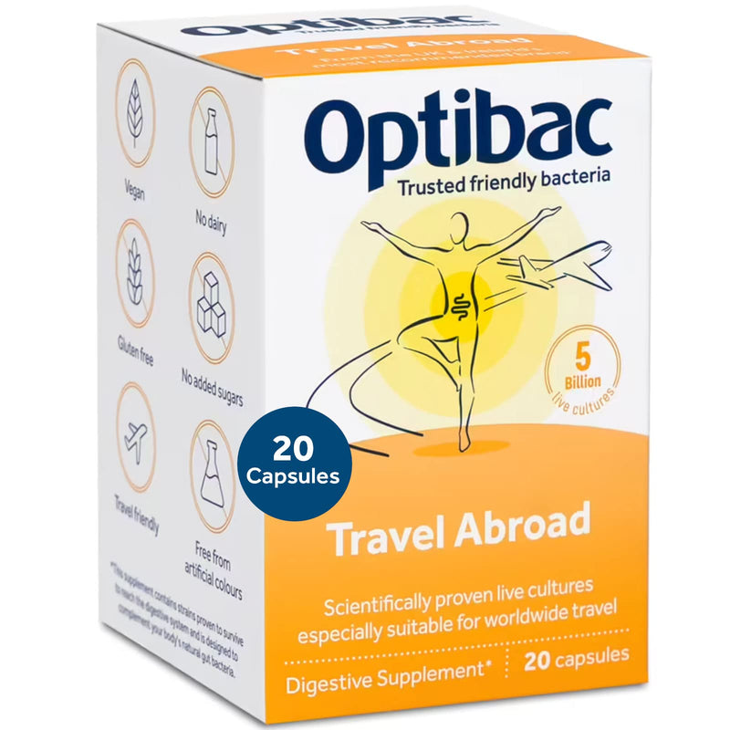[Australia] - Optibac Travel Abroad Probiotics -Vegan Digestive Probiotic Supplement Formulated for Travel Support & Gut Health, 5 Billion Live Cultures - 20 Capsules 20 Count (Pack of 1) 