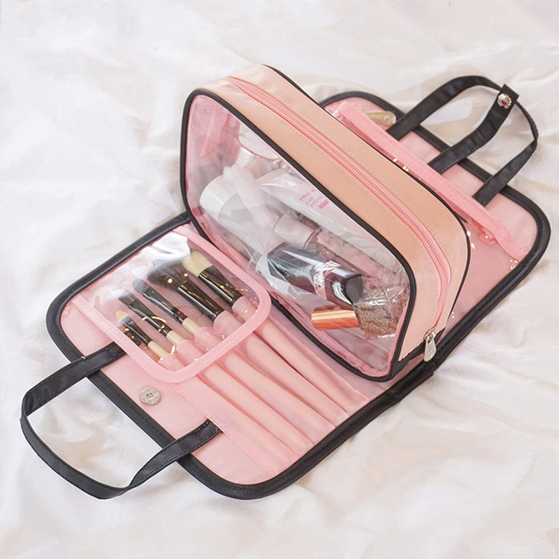 [Australia] - Professional Cosmetic Case Makeup Brush Organizer, Waterproof Clear PVC Zippered Toiletry, Portable Makeup Bag Organizer Bag Set for Travel & Women Gift (Pink/Black) Pink/Black 