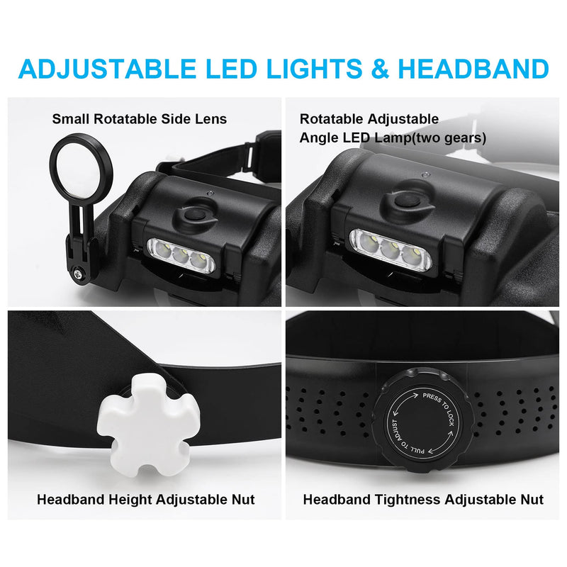 [Australia] - Dilzekui Head Mount Magnifier with LED Light, Rechargeable Black Headband Magnifier, Head-Mounted Magnifying Glass with 6 Detachable Lens, Handsfree Magnifying Glasses for Jewelers Loupe Crafts Repair 