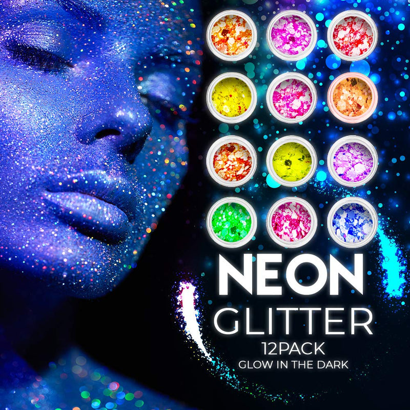 [Australia] - Chunky Cosmetic Holographic Neon Glitter I Body, Face & Hair Safe I 12 Pack + 1 Glitter Primer 12 PCS Neon 