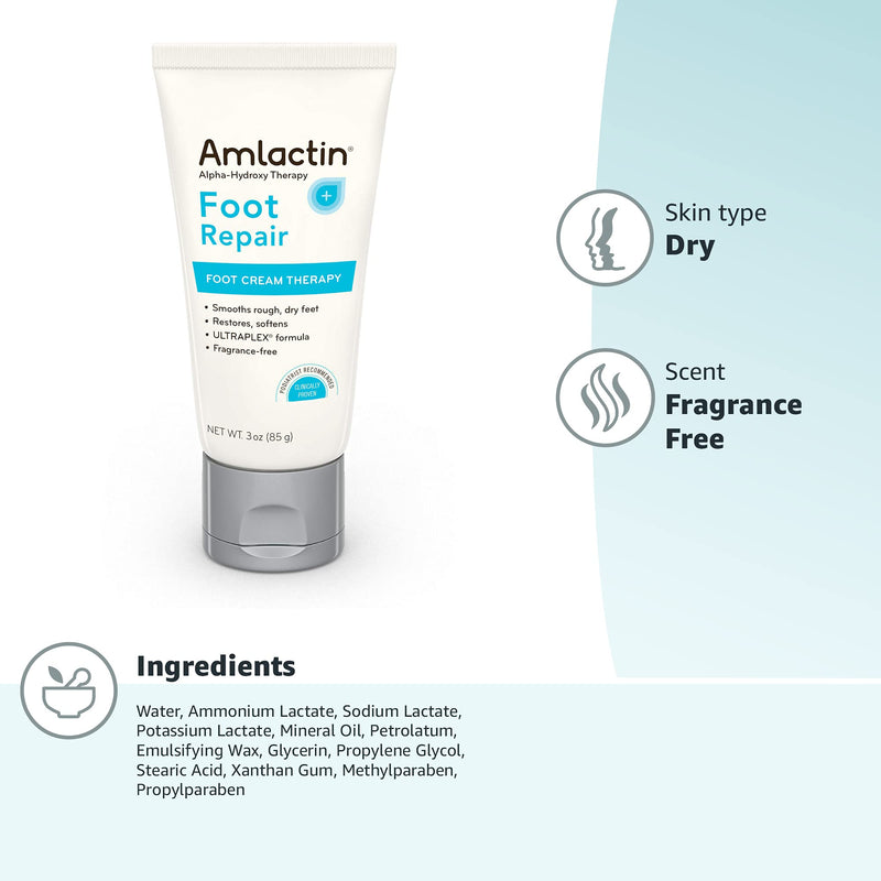 [Australia] - AmLactin Foot Repair Foot Cream Therapy, Foot Cream for Dry Cracked Heels - 3 Oz Tube (Packaging may vary) Unscented  3 Ounce (Pack of 1) 