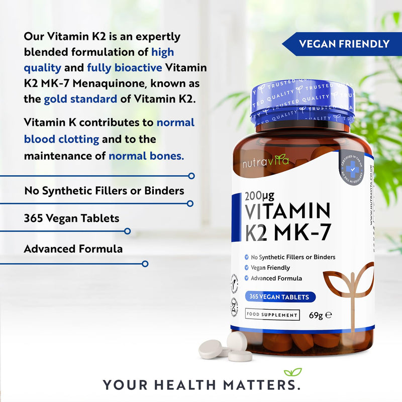 [Australia] - Vitamin K2 MK-7 200mcg - 365 Vegan Micro Tablets (Not Capsules) - Supports Maintenance of Normal Bones - High Strength Menaquinone MK7 - Made in The UK by Nutravita 