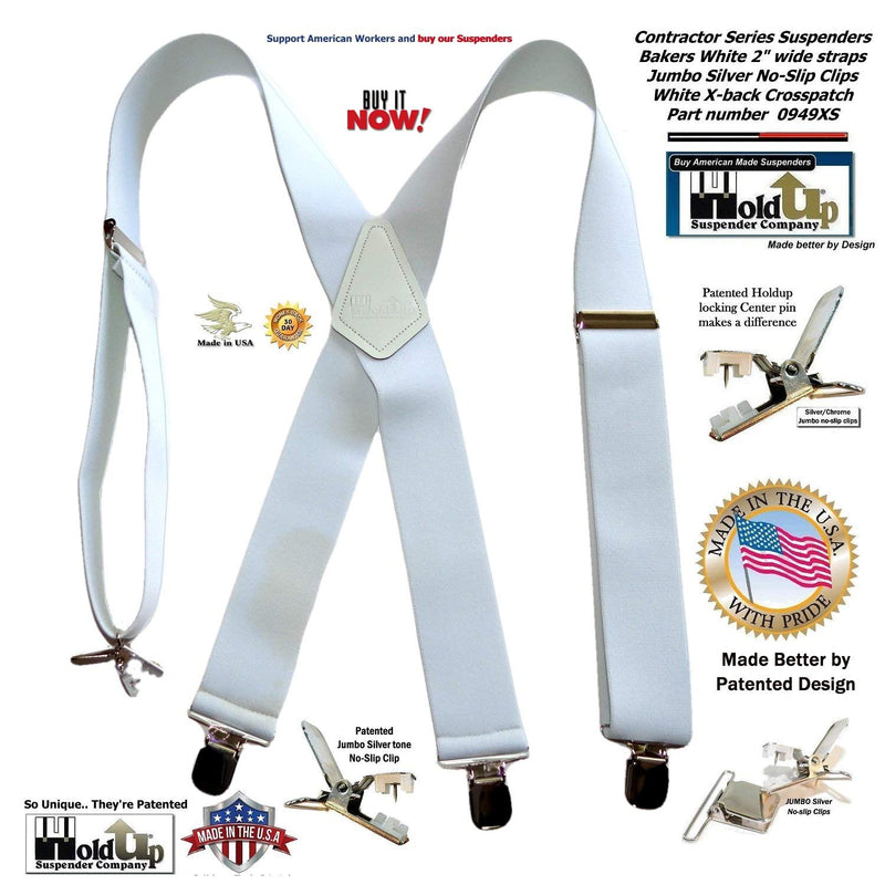 [Australia] - Holdup Contractor Series 2" X-back Work Suspenders with Patented No-slip Clips Bakers White 