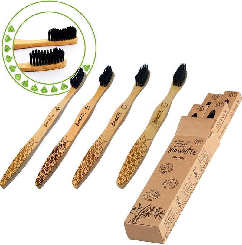 [Australia] - BioWhite - 4 Bamboo Eco Toothbrushes with Whitening Effect. 100% Sustainable Wood Toothbrush. Active Charcoal bristles, Great Grip. Vegan Toothbrush. 