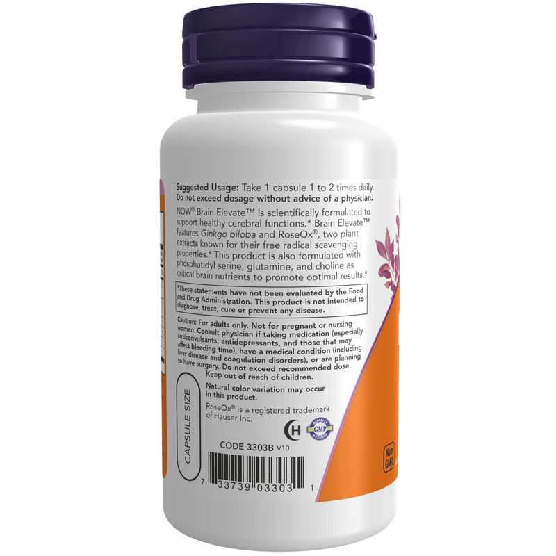 [Australia] - NOW Supplements, Brain Elevate™, Featuring Ginkgo Biloba, RoseOx® and Phosphatidyl Serine, 60 Veg Capsules 