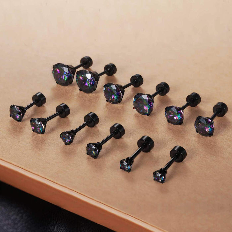 [Australia] - Black Stud Earrings Set Rainbow Topaz 3/4/5/6/7/8mm 316L Stainless Steel Earrings for Women Men Barbell Stud Ear Jewelry 