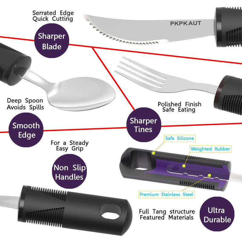 [Australia] - PKPKAUT Medium Weighted Utensils for Hand Tremors Silverware Set, Adaptive Utensils for Parkinsons Patients Arthritic Hands, Built Up Handicap Parkinsons Utensils for Adults Elderly Disabled People 4-Pcs Tote Bag 