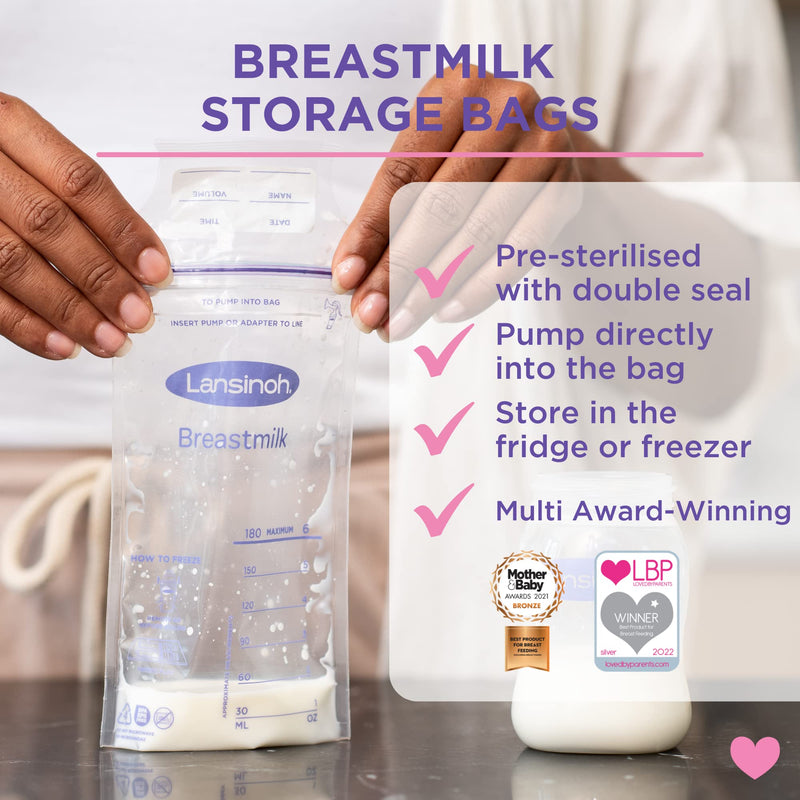 [Australia] - Lansinoh Breast Milk Storage Bags Breastmilk Pouches for fridge or freezer use, store flat or standing, BPA and BPS free, pre-sterilised, double zipper seal, Pack of 25 25 Count single 