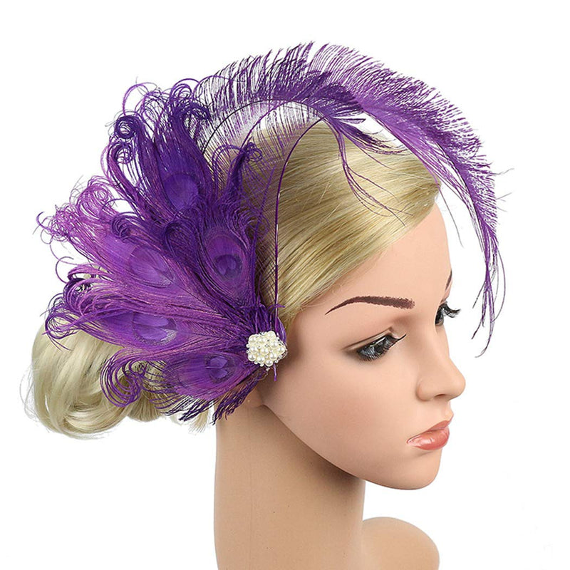 [Australia] - Fxaelian 20s Peacocok Feather Fascinator Clips Headpiece Headband Flapper Hair Clips Kentucky Gatsby Tea Party Wedding Derby Performance for Women Purple 