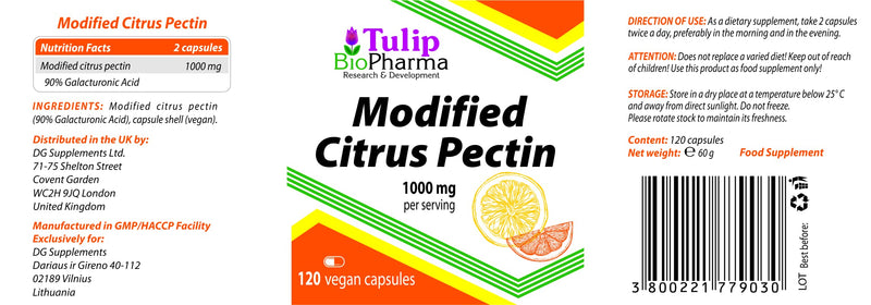 [Australia] - Tulip BioPharma Modified Citrus Pectin (MCP) 500mg 120 Vegan Capsules, 90% Galacturonic Acid, 3rd Party Lab Tested, High Strength Supplement, Gluten and GMO Free 