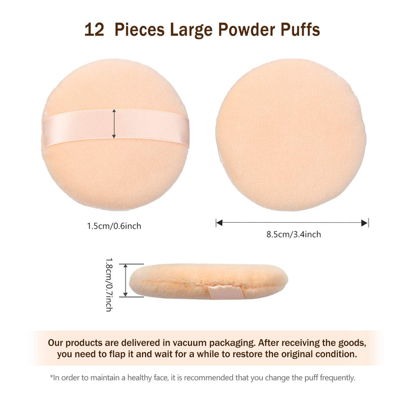 [Australia] - 12 Pieces Powder Puffs Round 3.4 inch Makeup Puffs Pads with Strap, Washable Large Face Body Powder Puffs for Loose Mineral Powder (Champagne-colored, 3.4 Inch) Champagne-colored 