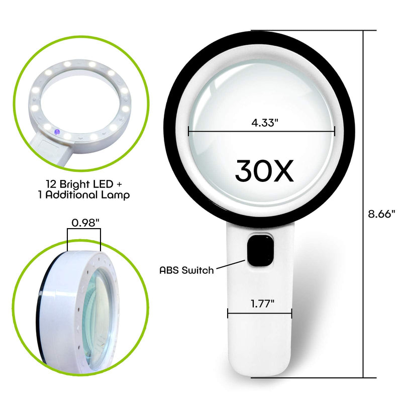 [Australia] - Magnifying Glass with Light,30X Magnification Handheld Magnifier with 13 LED Light Double Lens Magnifying Glass for Reading, Newspaper, Antique, Exploring, Map, Stamp 