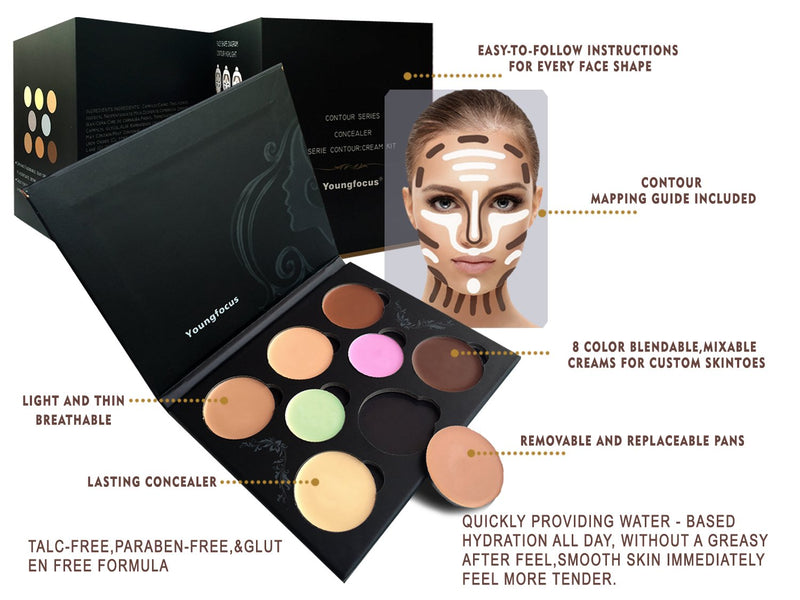 [Australia] - Youngfocus Cosmetics Cream Contour Best 8 Colors and Highlighting Makeup Kit - Contouring Foundation/Concealer Palette - Vegan, Cruelty Free & Hypoallergenic - Step-by-Step Instructions Included 