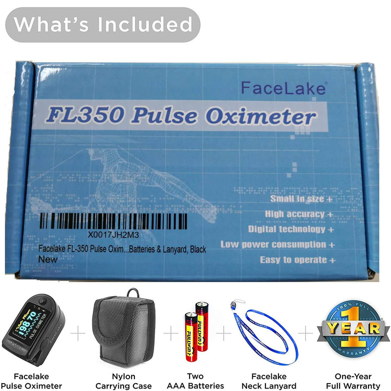 [Australia] - Facelake FL-350 Pulse Oximeter with Carrying Case & Batteries & Lanyard, Black 