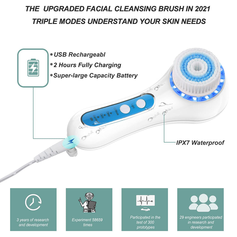 [Australia] - Facial Cleansing Brush, IPX7 Waterproof Face Scrubber with 3 Speed Modes, Face Brushes for Cleansing and Exfoliating with 5 Brush Heads, Removing Blackhead, Fully Rechargeable Blue 