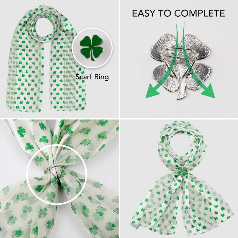 [Australia] - BaiscSense Shiny Celtic Irish Shamrock Scarf and Rhodium Silver Scarf Ring Set. Lucky Four Leaf Clover St. Patricks Day Scarf, 148 x 35 cm (58 x 13 inches) Big Leaves Green 
