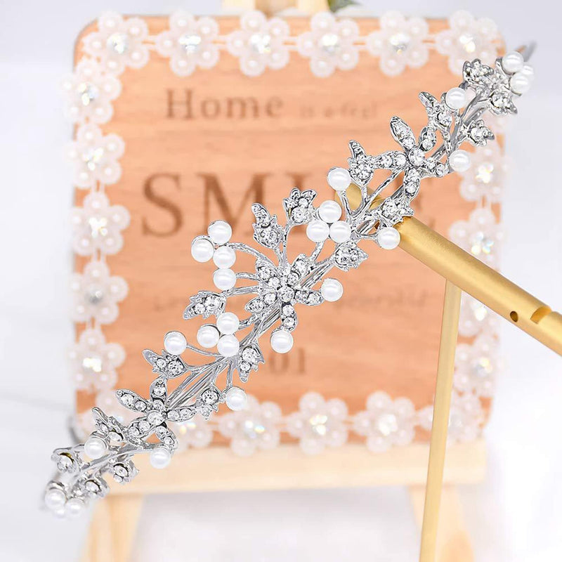[Australia] - Flower Rhinestone Pearls Crowns Headband, Silver Crystal Bridal Crown Tiara for Girls Women Luxury Princess Hairband Headwear Wedding Prom Birthday Tiara Cosplay Party Costumes Hair Accessories 