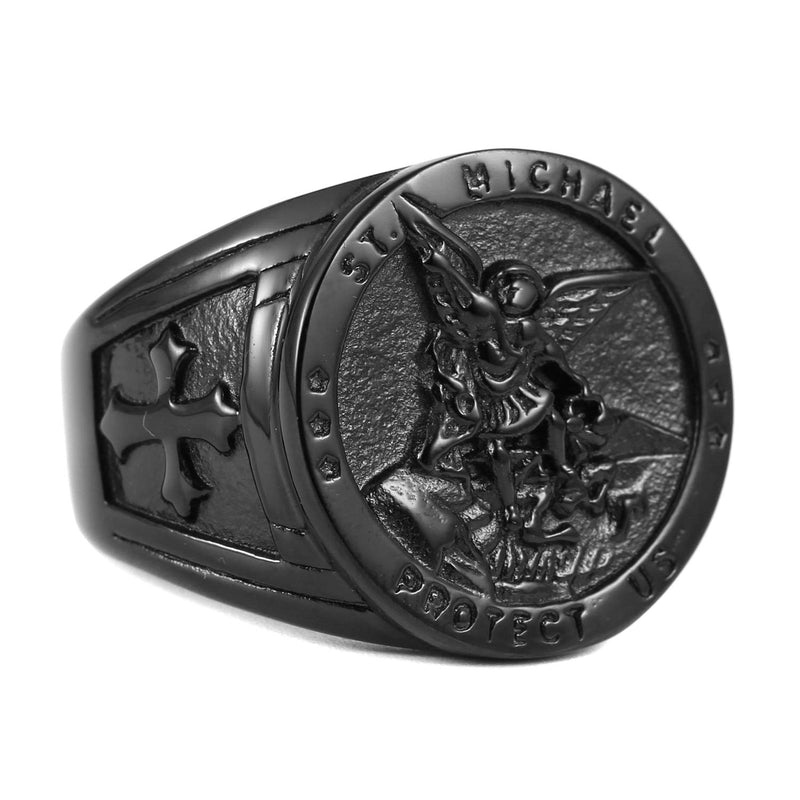 [Australia] - HZMAN St. Michael San Miguel The Great Protector Archangel Defeating Satan Figurine Stainless Steel Amulet Ring Black 7 