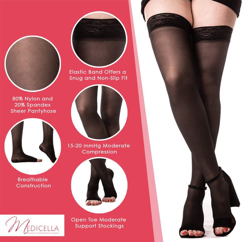 [Australia] - Medicella Thigh High Compression Stockings for Women Open Toe 15-20 mmHg Medical Quality XX-Large Black 