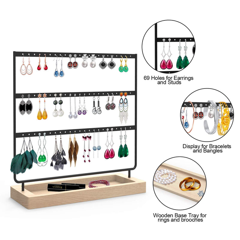 [Australia] - Earrings Organizer Jewelry Display Stand, 3-Tier Earring Holder Rack with Wooden Tray for Earrings Necklaces Bracelets and Rings Large Storage Earring Jewelry Display Tree as Women Girls Gift Black 