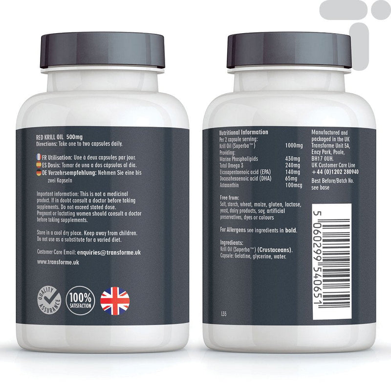 [Australia] - Superba Red Krill Oil Capsules 1000mg Serving, 180 x 500mg Easy Swallow Softgels, High Omega 3 EPA DHA & Astaxanthin, Sustainably Antarctic Sourced, Money Back Guarantee, by Transforme 