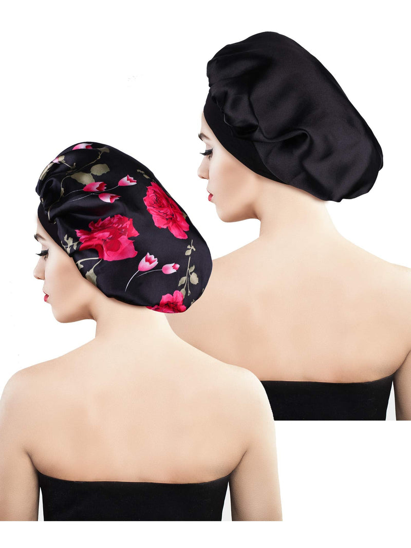 [Australia] - 2 Pieces Satin Bonnet Night Sleep Cap Sleeping Head Cover for Women Girl Sleeping Black, Black Flower Printed M 