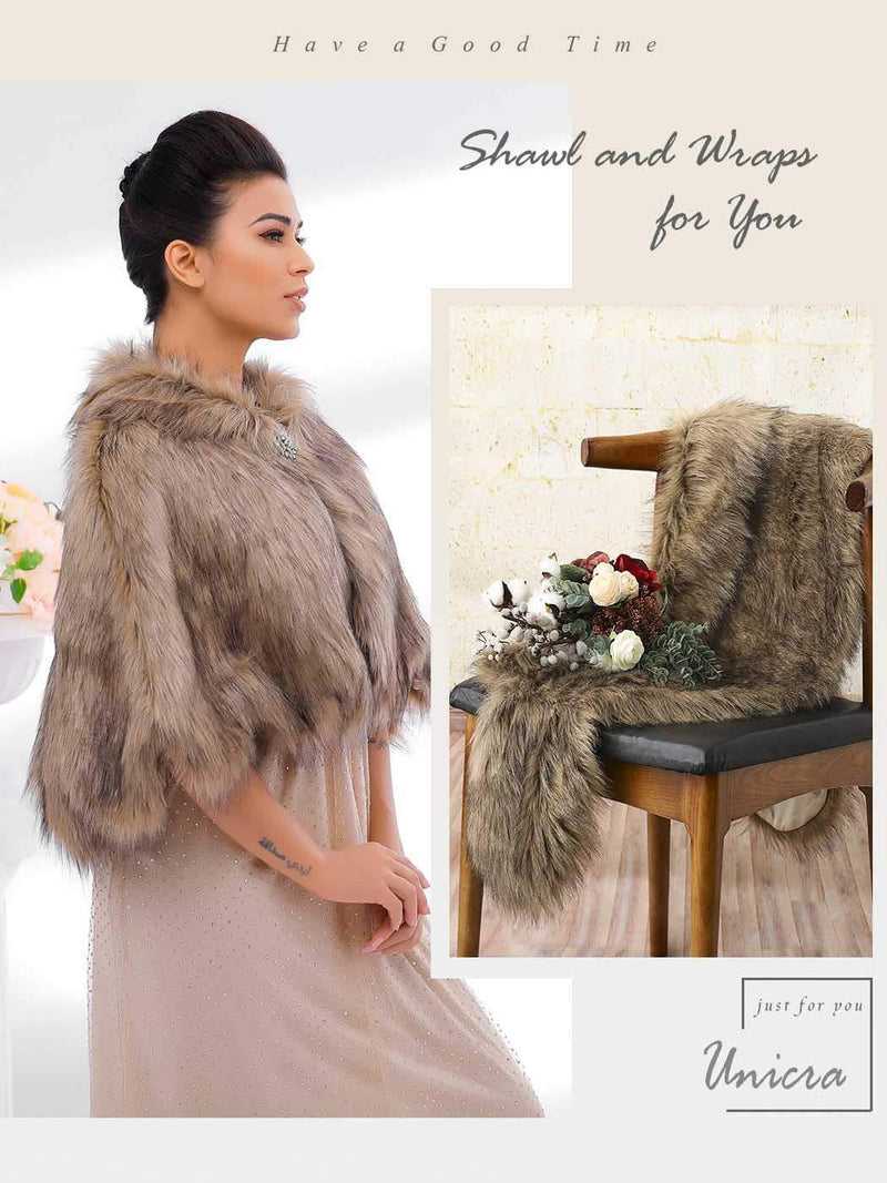 [Australia] - Unicra Women's Brown Sleeveless Faux Fur Shawl Wedding Fur Wraps and Shawls Bridal Fur Stole for Brides and Bridesmaids 