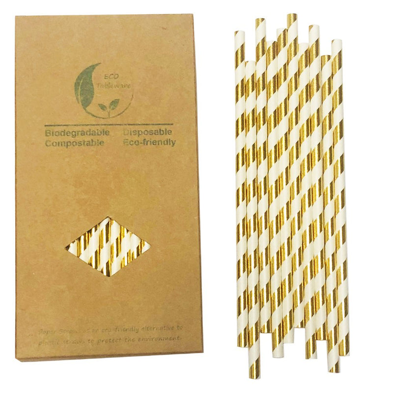 [Australia] - YYECO Disposable Gold and White Striped Paper Straws Metallic Gold Foil Paper Drinking Straws for Wedding, Celebrations, Party Supplies (100 Pack) 