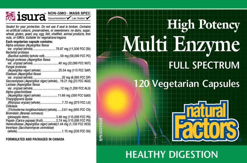 [Australia] - Natural Factors, High Potency Multi Enzyme Vegetarian Formula, Plant-Based Digestive Aid, 120 Capsules 120 Count (Pack of 1) 