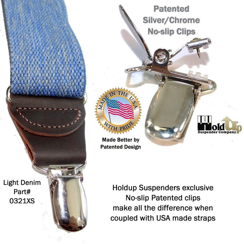 [Australia] - Holdup Suspenders in Light Blue Denim color have USA made 1 1/2" wide straps and X-back Crosspatch with No-slip Silver Clips 