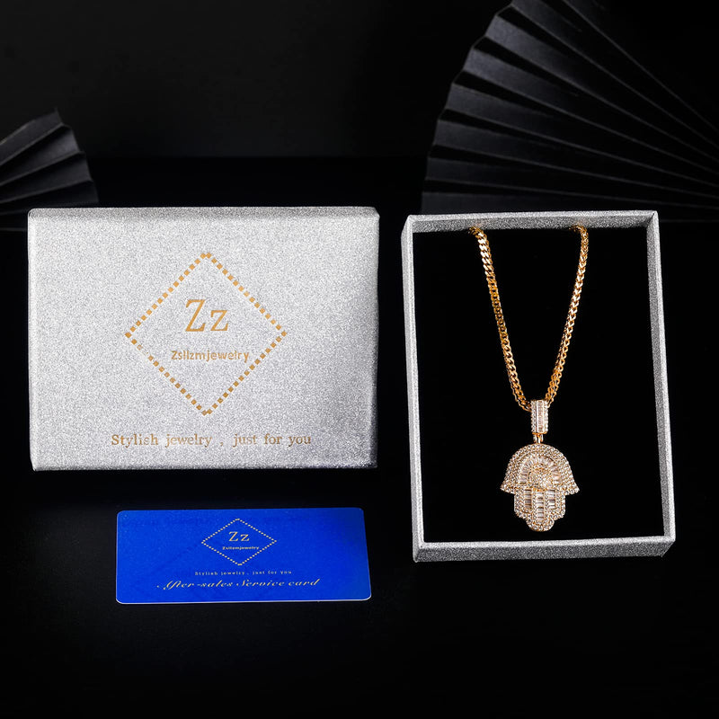 [Australia] - ZSLLZM Hip Hop 14K/white Gold Plated Micro Iced Out Hamsa Hands Pendant with 24" Franco Chain Necklaces for Men Women 