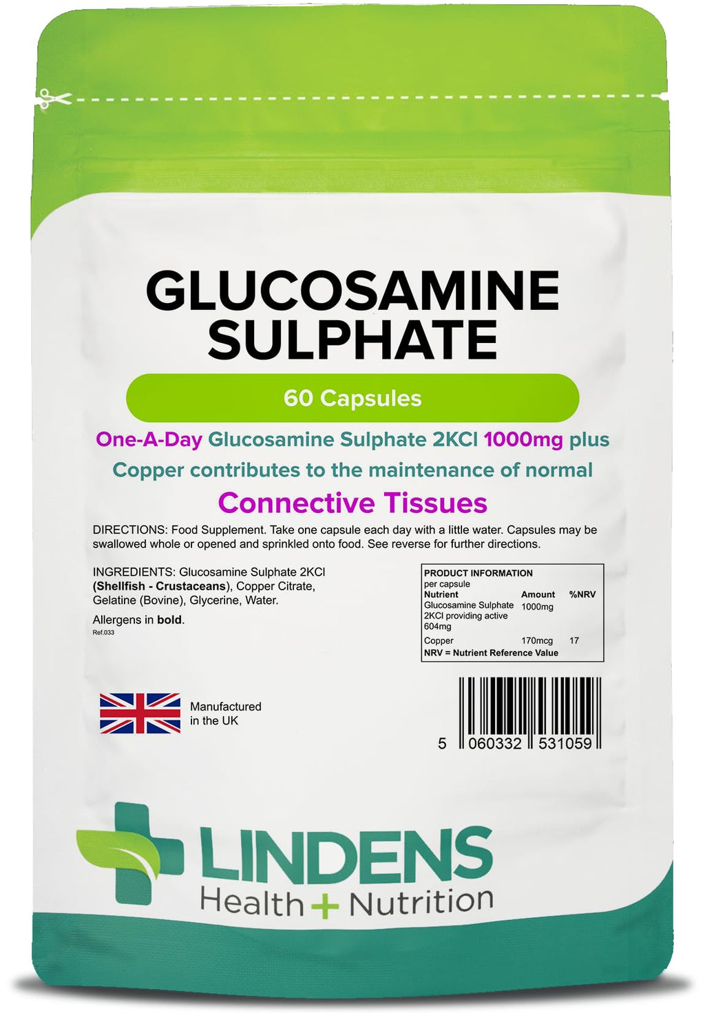[Australia] - Lindens Glucosamine Sulphate 1000mg 60 Capsules | Joint Care | UK Made | 1 A Day | Joint Care Supplements | Joint Health | 2 Months Supply | Letterbox Friendly 