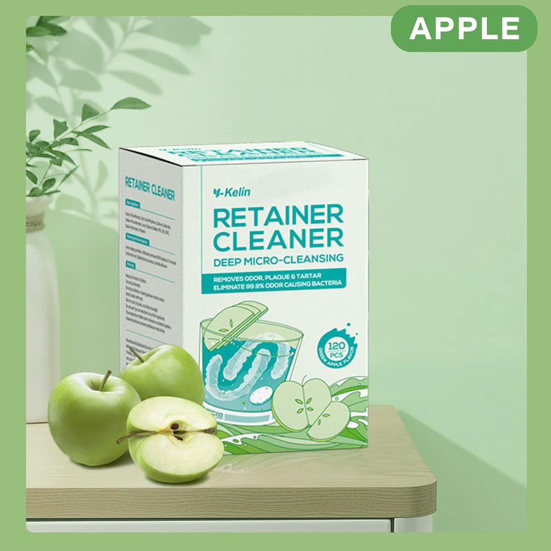 [Australia] - Y-kelin Retainer Cleansing Tablets-120 Tablets Retainer Cleaner 4 Months Supply-New Formulation Apple Flavor Denture,Mouth Guard Cleaner(Apple) 120 Count (Pack of 1) 