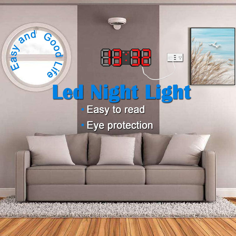 [Australia] - EAAGD 3D LED Night Light Digital Alarm Clock, 8.4" Alarm Clocks for Bedrooms, 0-100% Dimmer, 12/24H, Snooze for Office Bedroom Nightstand Desk (Black/Red) Black/Red 