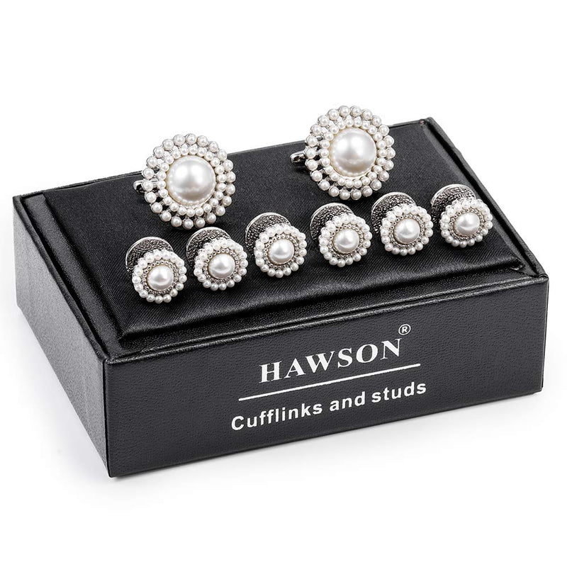 [Australia] - HAWSON Cufflinks and Tuxedo Shirt Studs Set for Men, Black Imitation Pearl Cufflinks for Men and Women Crystal with white Pearl 