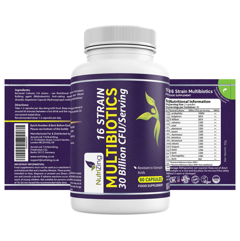 [Australia] - BioCultures Complex - 16 Live Strains with 30 Billion CFU/Serving Source Powder - Vegan Time Release Capsules. with Lactobacillus Acidophilus and Bifidobacterium - Made in UK by Nutrizing 