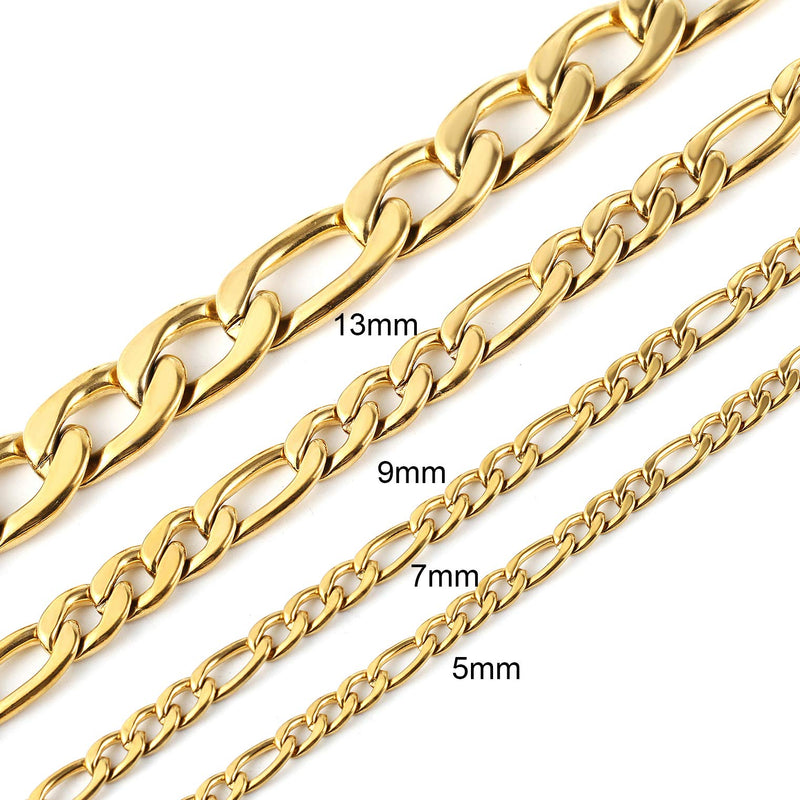 [Australia] - HZMAN Men Women 24k Real Gold Plated Figaro Chain Stainless Steel Necklace, Wide 5mm 7mm 9mm 13mm 16.0 Inches gold-stainless-steel,wide:5mm 