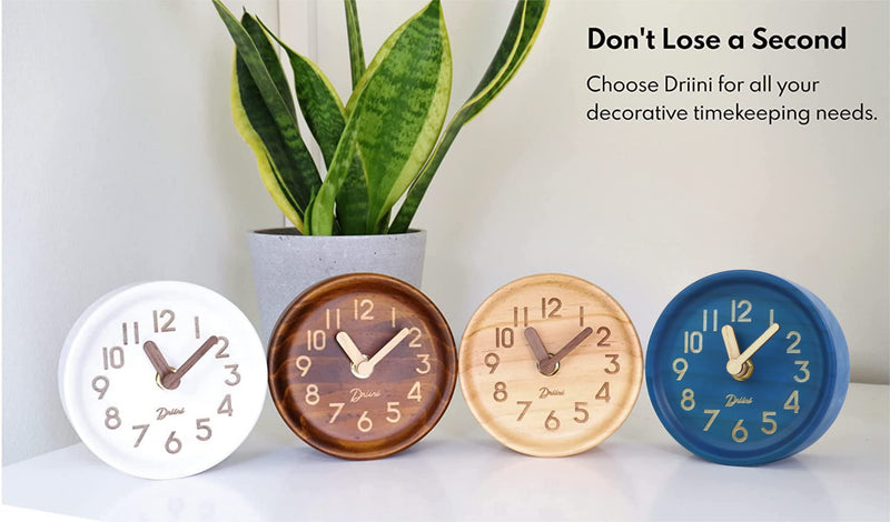 [Australia] - Driini Wooden Analog Desktop Clock – 4.3 in. Decorative Pinewood Clock, No-Tick Design – Easy to Read Silent Sweep Mantle Clock – Quiet Tabletop Clocks with Wood Body, Hands, & Battery Cover; Dark Brown 